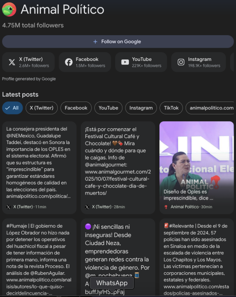 Fuente: Captura de pantalla del perfil de Animal Político en Google.